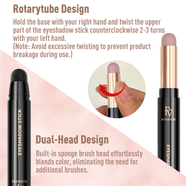 FV Barra de sombra de ojos en crema de larga duración, dúo de sombras de ojos en barra impermeables y altamente pigmentadas con brocha difuminadora, lápiz de sombra de ojos resistente a las arrugas y de acabado natural